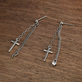 Real Sterling Silver S925 Jesus Cross Vintage Punk Style Earrings Chain Religious Jewelry for Men and Women