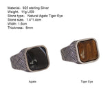 Real Pure 925 Sterling Silver Ring Antique Vintage Men's Ring Natural Agate Tiger Eye Fine Jewelry