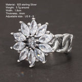 Real Pure 925 Sterling Silver Zircon Ring Women's Flower Vintage Opening Adjustable Braid Fine Jewelry Wedding Gift