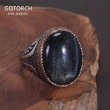 925 Sterling Silver Blue Tiger's Eye Signet Ring Natural Gemstone Hawk's Eye Turkish Ring for Men Retro Punk Male Jewelry