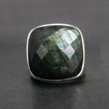 925 Silver Ring Ladies Natural Labradorite Square New Glossy Minimalist Wedding Ring Ladies Jewelry Sterling Silver