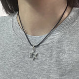 925 Sterling Silver Minimalist Jewish Star Pendant Necklace Black Leather Braided String Choker Six-pointed Star Retro Jewelry