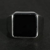 Solid 925 Sterling Silver Square Plain Ring for Men With Natural Black Agate Simple Rustic Flat Top Hallmarked Band Male Jewelry