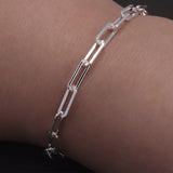 Solid 925 Sterling Silver 4mm Paperclip Link Chain Bracelet for Men Women Paper Clip Hand Chain Simple Fashion Punk Jewelry