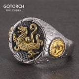 925 Sterling Silver Hammered Rings for Men 4 Mythical Creatures Animal Antique Adjustable China Traditional Jewellery