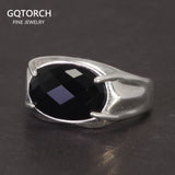 Real Pure 925 Silver Ring Women and Men Natural Stone Black Agate Oval Faceted US6-10 Adjustable Fine Jewelry