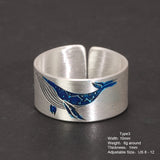 True 999 Sterling Silver Simple Open Enameling Ring Leaf Whale For Men and Women Vintage Matte Fine Jewelry