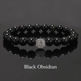 8mm Natural Stone Beaded Bracelet for Men Women 925 Sterling Silver Vajra Six Words Mantra Charm Obsidian Agate Handmade Jewelry