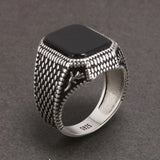 Real Pure 925 Sterling Silver Mens Rings Ottoman Tugra With Black Agate Natural Stone Retro Rose Flower Engraved