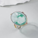 S925 Sterling Silver Natural Gemstone Jewelry Green Onyx Goddess Cameo Ring Gold Color Oval Statement Rings for Ladies