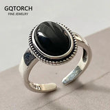 Vintage 925 Sterling Silver Women Rings with Oval Natural Onyx Black Stone Adjustable Size Opening Type - GQTORCH Jewelry