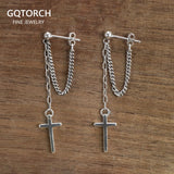 Real Sterling Silver S925 Jesus Cross Vintage Punk Style Earrings Chain Religious Jewelry for Men and Women