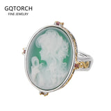 S925 Sterling Silver Natural Gemstone Jewelry Green Onyx Goddess Cameo Ring Gold Color Oval Statement Rings for Ladies