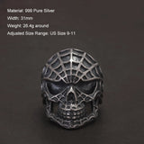 999 Pure Silver Spider Web Skull Ring for Men Heavyweight Domineering Punk Rock Gothic Retro Cool Biker Trendy Jewelry