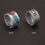 999 Pure Silver Lotus Fish Ring for Women and Men Heart Sutra Engraved Enameling Vintage Fashion Buddhist Jewelry
