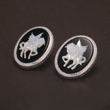 925 Sterling Silver Unicorn Cameo Onyx Ring Woman Black Onyx Earrings Pendant Round Shaped Fashion Vintage Jewelry Set