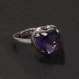 Real S925 Sterling Silver Natural Amethyst Heart Ring Drop Earrings for Women Girl Vintage Fashion Jewelry Set