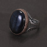 925 Sterling Silver Blue Tiger's Eye Signet Ring Natural Gemstone Hawk's Eye Turkish Ring for Men Retro Punk Male Jewelry