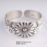 Real Pure 999 Sterling Silver Bangles for Women Large Chrysanthemum Embossed Opening Cuff Fine Jewelry