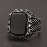 Real Pure 925 Sterling Silver Mens Rings Ottoman Tugra With Black Agate Natural Stone Retro Rose Flower Engraved