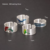 True 999 Sterling Silver Simple Open Enameling Ring Leaf Whale For Men and Women Vintage Matte Fine Jewelry