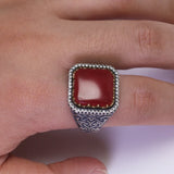 Natural Red Green Jade Ring 925 Silver for Men and Women Antique Flower Pattern Square Shape Signet Fine Jewelry