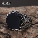 925 Sterling Silver Black Onyx Signet Ring for Men Micro Inlaid Zircon Red Green Agate Turkish Rings Fashion Vintage Jewelry