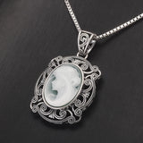 925 Sterling Silver Cameo Goddess Necklace for Women Green Agate Big Pendant White Shell Engraved Vintage Antiqued Jewelry