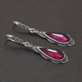 925 Sterling Silver Ethnic Vintage Ruby Earrings for Women Water Drop Shaped Rose Red Stone Luxury Female Wedding Party Jewelry
