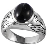 925 Sterling Silver Ring for Men and Women Vintage Thai Silver Angel Wing Cross Black Agate Ring Inlaid with Gemstones Jewelry