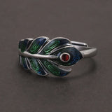 925 Sterling Silver Peacock Feather Ring Earrings for Women Green Color Enameling Vintage Fashion Jewelry Set