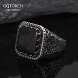 Solid S925 Silver Vintage Natural Stone Signet Ring Red Black Agate Green Jade Flower Engraved Fashion Turkish Wedding Jewelry