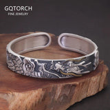 100% 999 Pure Silver Dragon Bracelet Vintage Engraved Lucky Open Cuff Bangle Chinese Auspicious Amulet Jewelry for Men - GQTORCH Jewelry