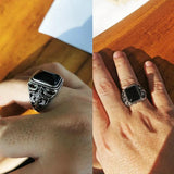 Real 925 Sterling Silver Vintage Rings For Men Natural Black Onyx Stone Square Shape Hollow Cross Flower Carved Punk Jewelry - GQTORCH Jewelry