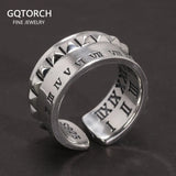 925 Sterling Silver Roman Numerals Ring Rivet Design Adjustable Size 7-10 for Men and Women Retro Punk Rock Jewelry