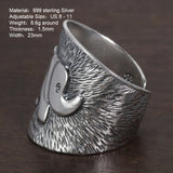 23mm Exaggerated Wide Ring Real Pure 999 Sterling Silver Embossed Elephant Band Men Women Adjustable Animal Lucky Jewelry