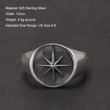 Solid 925 Sterling Silver Eight Point Star Signet Ring for Men Octagram Open Ring Adjustable Punk Retro Antiqued Biker Jewelry