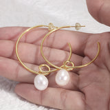 925 Sterling Silver Large C Shaped Hoop Earrings with Pearl Gold Plated Simple Round Circle Earrings Women Girl Fashion Jewelry