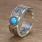 Retro S925 Sterling Silver Inlaid Turquoise Ring Indian Style Simple Adjustable Fine Jewelry for Men and Women