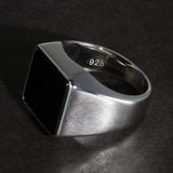 Solid 925 Sterling Silver Square Plain Ring for Men With Natural Black Agate Simple Rustic Flat Top Hallmarked Band Male Jewelry