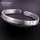 999 Sterling Silver Lotus Bangle Six Words Embossed Opening Cuff Bracelet For Women Mantra Buddhist Jewelry