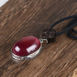 Genuine Solid 925 Silver Vintage Simulated Red Ruby Pendant Women Necklace Sandalwood Rope Braided Female Necklace Jewelry