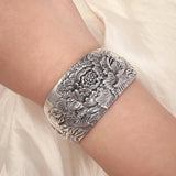 999 Pure Silver Peony Flower Cuff Bangle for Women Large Exaggerated Wide Ethnic Style Female Jewelry Gift for Mom - GQTORCH Jewelry