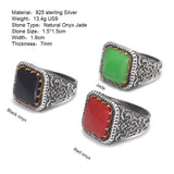 Natural Red Green Jade Ring 925 Silver for Men and Women Antique Flower Pattern Square Shape Signet Fine Jewelry