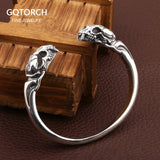 S925 Sterling Silver Jewelry Men's Bangle Double-headed Saber-toothed Tiger Open Cuff Thai Silver Retro Skull Bracelet