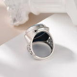 Genuine 925 Sterling Silver Blue Agate Medusa Cameo Ring for Women White Shell Statement Ring Vintage Fashion Party Jewelry