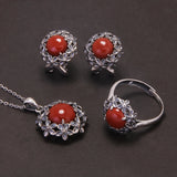 925 Sterling Silver Red Agate or Jade Floral Jewelry Set for Women Begonia Flower Ring Earrings Necklace Elegant Vintage Jewelry