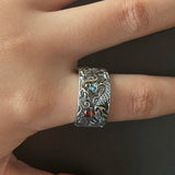 925 Sterling Silver Men's Eagle Dragon Ring with Natural Garnet Turquoise Retro Punk Cloud Silver Adjustable Fashion Jewelry