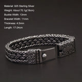 100% S925 Sterling Silver Wide Braided Charm Bracelet for Men Antique Thai Silver Symbol Woven-Chain Handmade Fine Jewelry