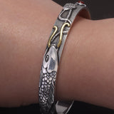 999 Pure Silver Fish Open Cuff Bracelet for Men Women Lotus Engraved Vintage Retro Bangle Fengshui Ethnic Style Jewelry